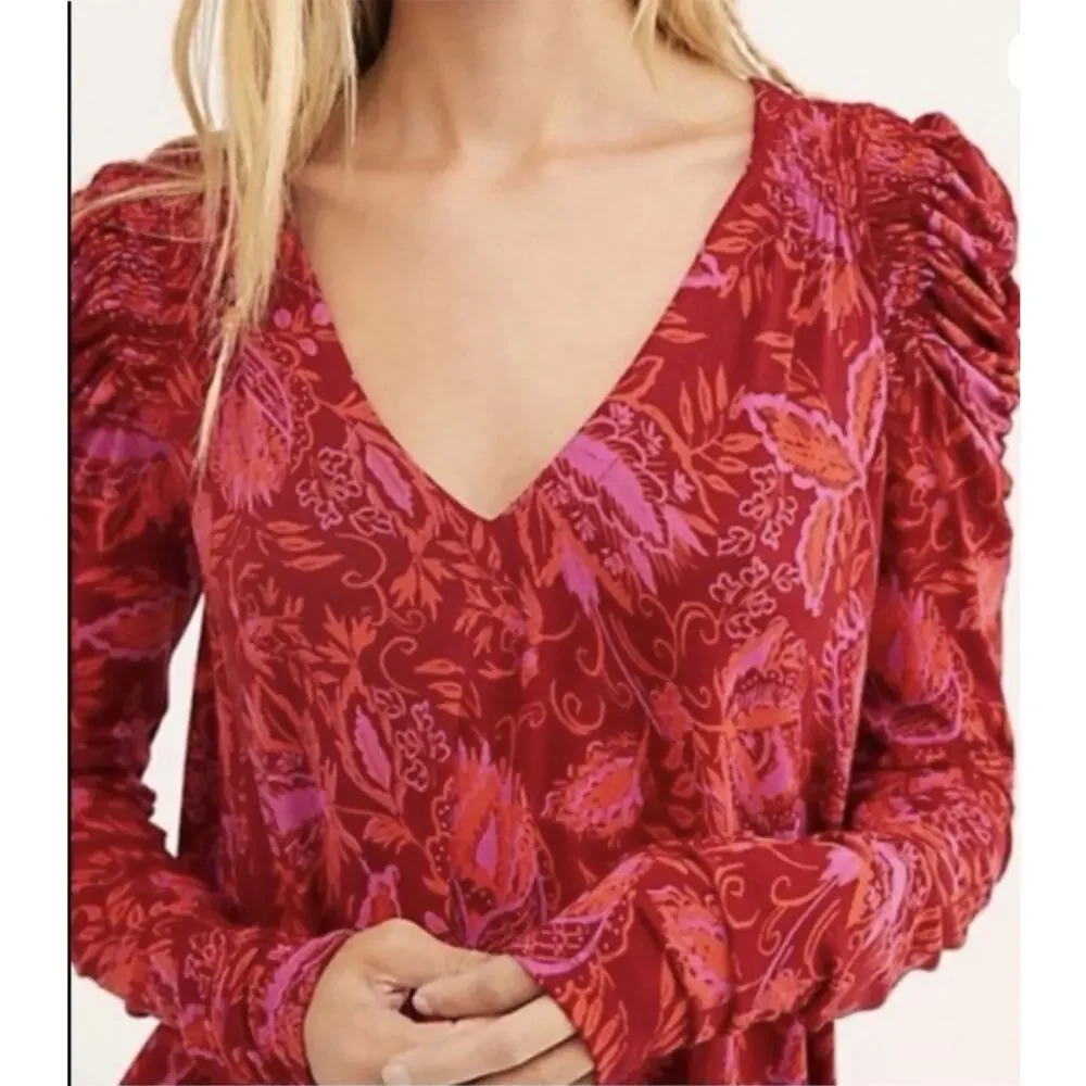Free People Hello Lover Tunic Top XS Scarlet Combo Red V-Neck Puff Sleeve Boho